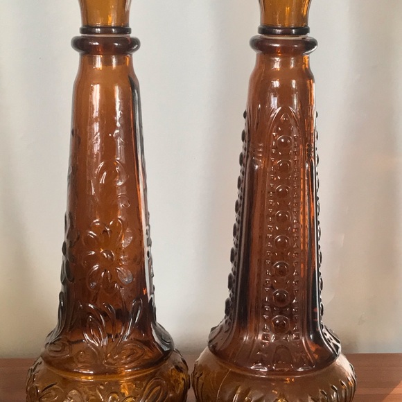 Set of 2 Vintage MCM Art Dabs Amber Genie Bottles/Decanters, Made in Portugal - Picture 6 of 13